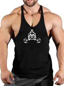 Men's Thin Strap Vest with Gorilla Lifting Barbell Pattern, Gym Training Sleeveless Top, Bodybuilding Workout Shirt, Gymwear
