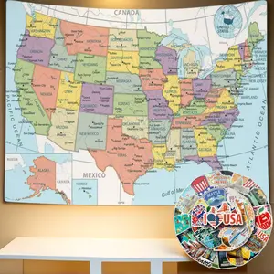 United States Map Tapestry with 50 US Stickers, Educational USA Map Tapestry Showing States, Mapa De Estados Unidos for Living Room, Bedroom, Classroom, Dorm Geography Decor - HD Print