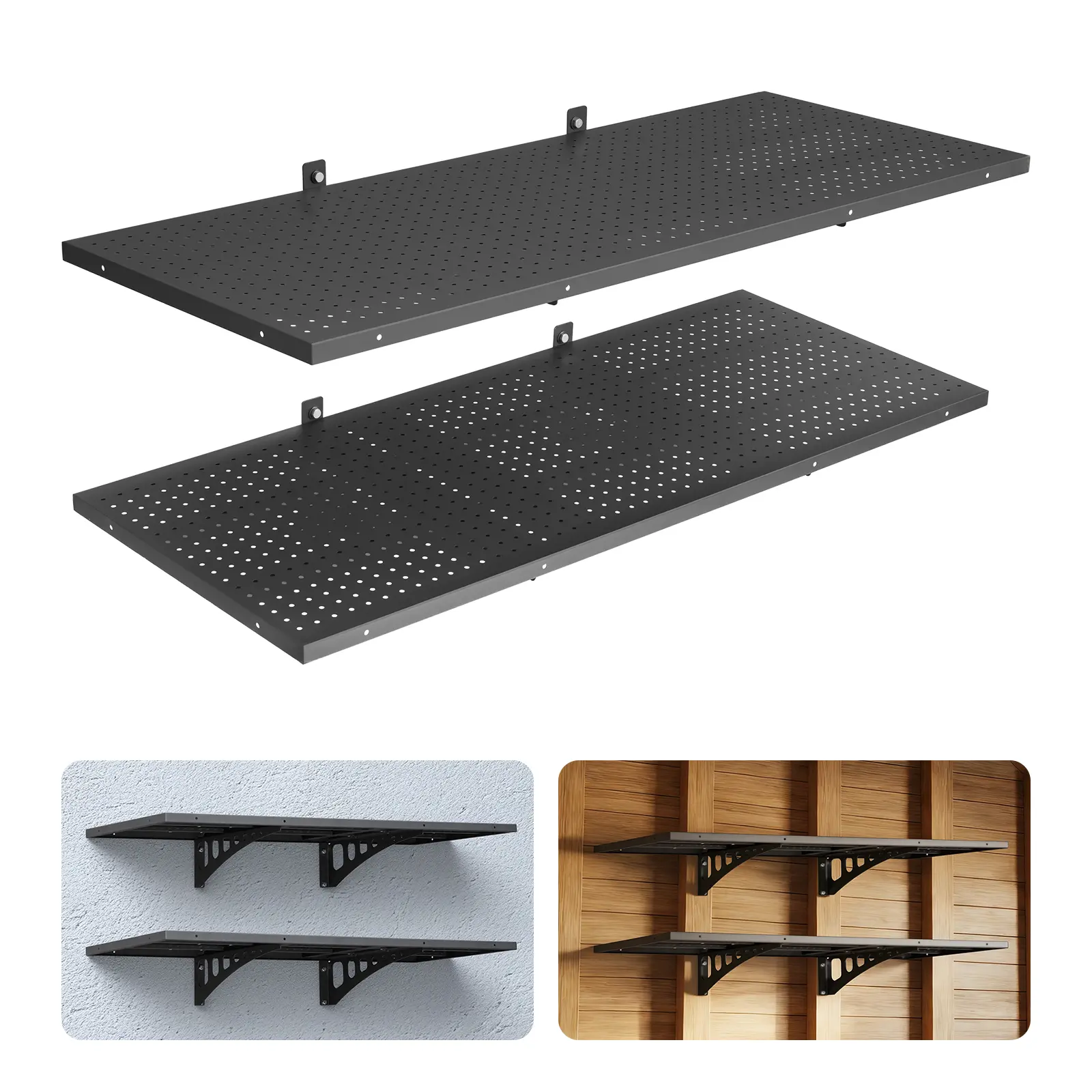 【summerfinds】VEVOR Heavy Duty 2-Tier Steel Wall-Mounted Garage Shelving Kit, 19.68x48in Per Shelf Hanging Rack, 560lbs Total Capacity, Easy Installation, Black, Father’s Day Gift, Garage Organization Solution