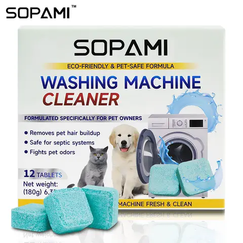 SOPAMI Solid Washing Machine Cleaner Tablets (12-Tablet Pack) - Eco-Friendly Pet-Safe Household Cleaning Supply, Odour Control, Deep Cleans Grime, Hair Build-Up Removal, Easy Laundry Maintenance
