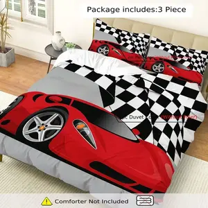 3-Piece Bedding Set, 1 Duvet Cover + 2 Pillowcases, Race Car Flag Theme, Luxury Design for Bedroom, Guest Room, Dorm, Cabin