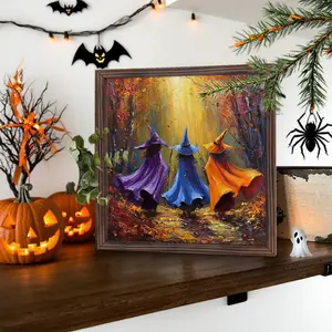 Halloween Witch Decorative Wooden Frame Painting Artwork 8x8in, Wall & Tabletop Decoration, Gift for Sisters, Office & Home Decor（Send Tape）
