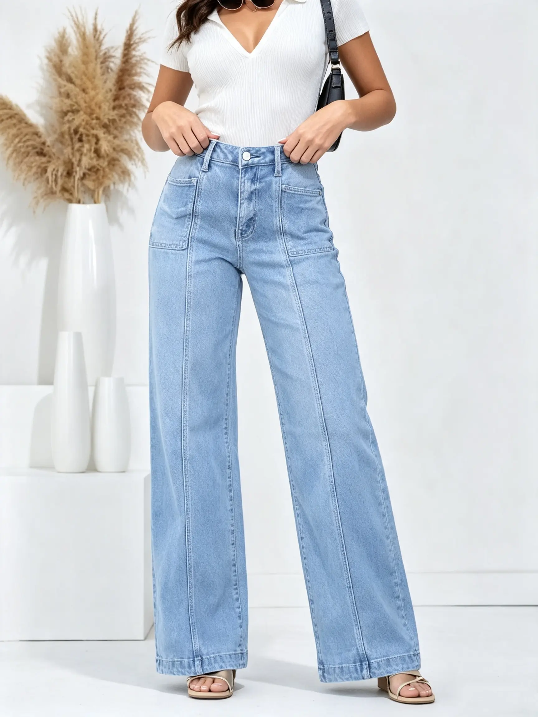 Women's High Waist Wide Leg Jeans For Women Trendy Straight Leg Baggy Stretchy Denim Pants Trouser Jeans Cabin Cobalt Plaid s pick