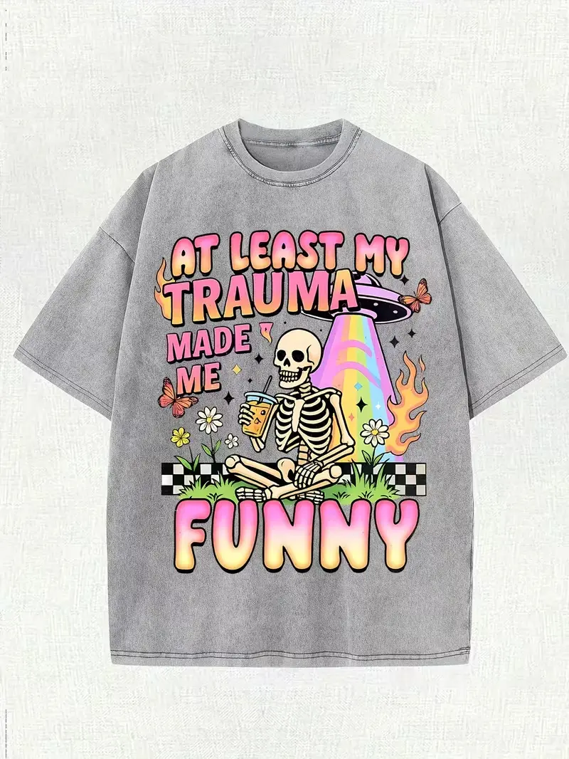 Women's Round Neck "At Least My Trauma Made Me Funny" Quote Retro Skeleton Washed Cotton T-shirt - Breathable Relaxed Fit, Everyday Lady Streetwear Casual Top
