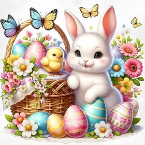 1PC 5D diamond painting  2d flat printing  Easter Diamond Painting Kit Rabbit Chick with Colorful Eggs Butterflies Flowers DIY Craft for Home Decor Adults Kids Easter Gift