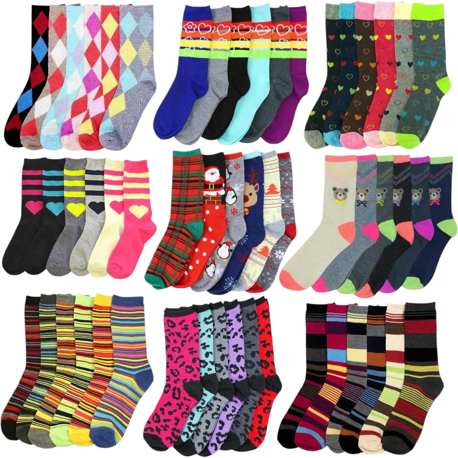 ToBeInStyle Women's Pack Of 6 Or 12 Randomly Assorted Pairs Of Fashion Print Crew Socks Fit Accessory