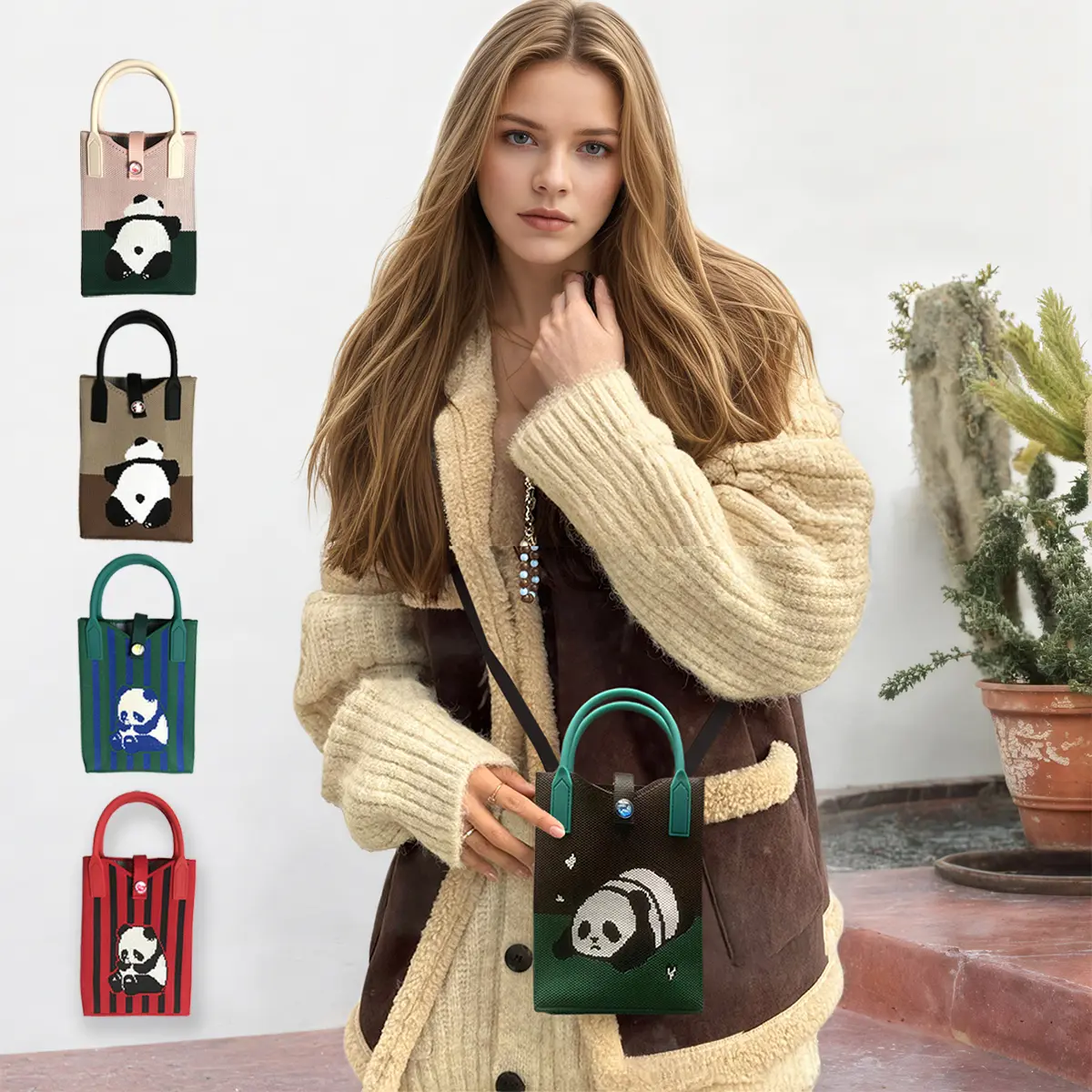 Knitted Panda Crossbody Fashion Bag for Women, Cute Casual Mini Tote Purse with Top Handle for Shopping & Outings, Casual Crossbody, Daily Use Purse, Casual Wear