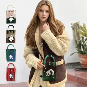 Women's Cute Panda Print Knitted Shoulder Bag Mini Cellphone Purse Top Handle Crossbody Bag for Outings and Shopping