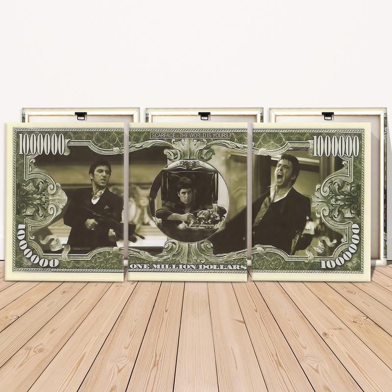 3 Count wooden frame canvas, Gangster Legend Money Pattern poster, Vintage Money Art Decoration, Exquisite Mural, Stylish Bedroom Decoration, Modern Home Decoration, Living Room and Hallway Wall Decoration, HD, waterproof, Art