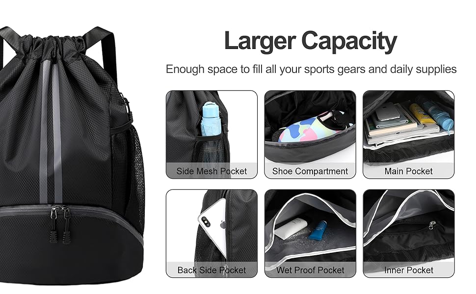 Sports Drawstring Backpack With Waterproof Material, Shoes Compartment, And Wet Proof Pocket For Gym, Swim, And Daily Use, Suitable For Men And Women