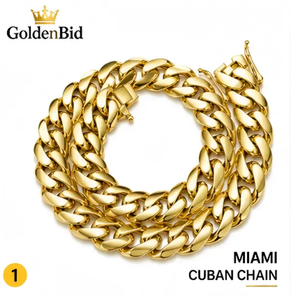 Madison 14K Gold  Miami Cuban Chain Necklace for Men, Classic Hip Hop Cuban Link Chain, Stainless Steel Jewelry, Waterproof Gold Finish Necklace Gift