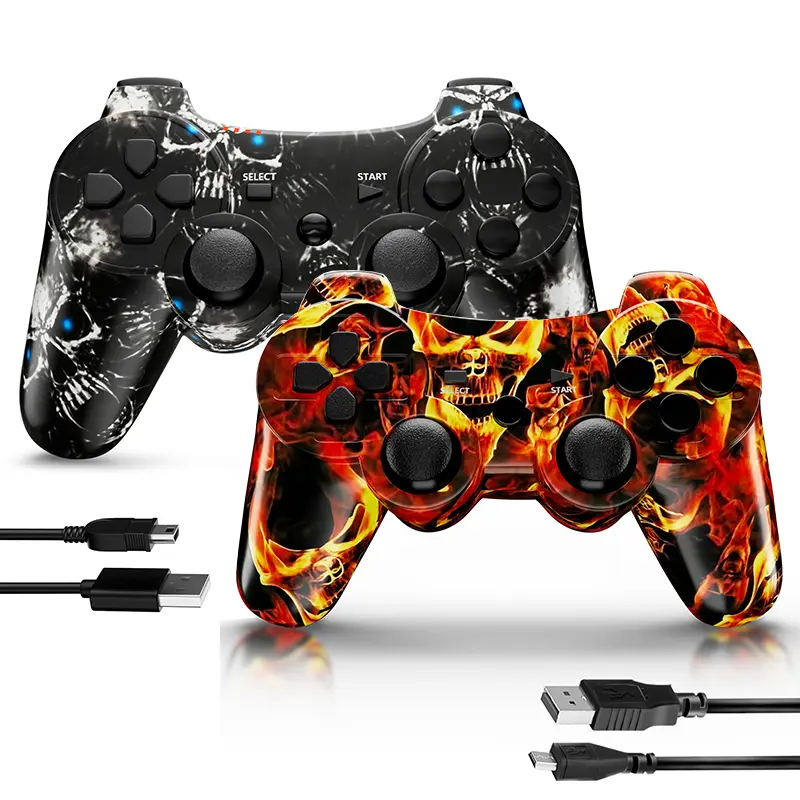 2 Pack ISHAKO Wireless Game Controller for PS3/PC, Wired for PS2, Gaming Accessories, With Double Vibration, Six Axis Gyroscope, Motion sensing, Gamepad, P3 Ghost/Flames