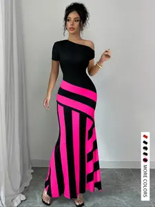 Women's Colorblock Striped Print Asymmetrical Neck Mermaid Dress, Elegant Fashion Casual Dress for Daily Outdoor Wear, Women Dress for Summer