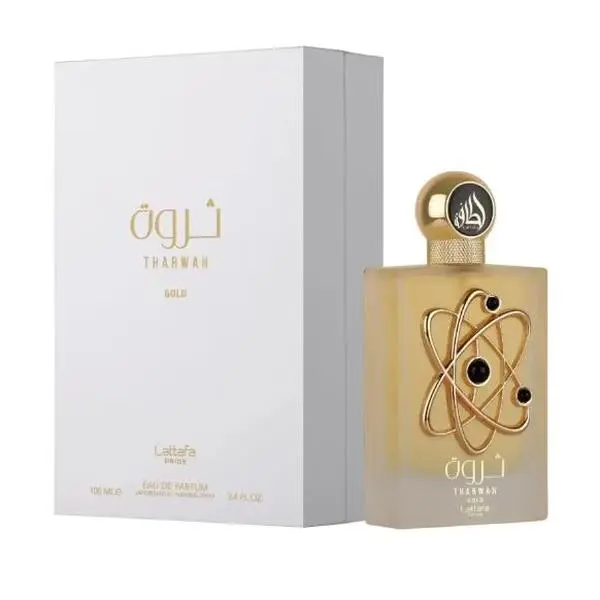 Lattafa Tharwah Gold W EDP Full-Size Alcohol-Based Gold-Edition Jasmine-Themed Floral Woody Women's Fragrance (3.4oz), Floral Woody Fragrance, Jasmine-Themed Women's Fragrance