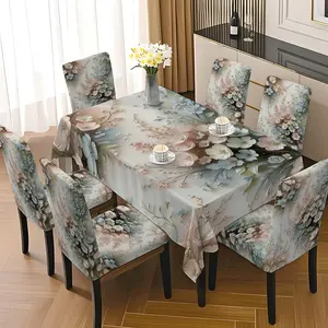 5/7 Pcs Soft Pastel Floral Print Tablecloth & Chair Cover Set, Vintage Cottagecore Farmhouse Style, Stretch Full Wrap Removable Washable Dining Chair Slipcover, Stretch Chair Slipcovers, For Family Home, Daily Dining, Holiday Gathering Decor