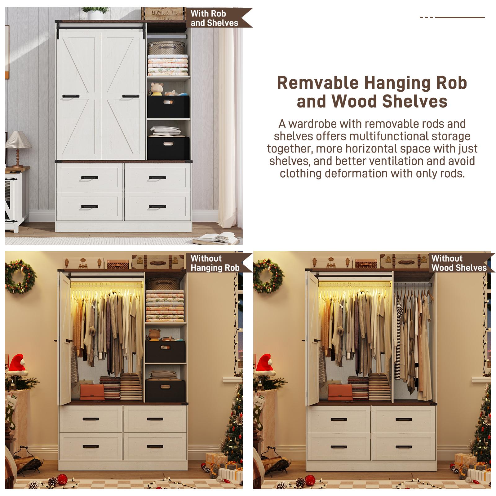 Farmhouse 6 Doors/4 Doors/3 Doors Armoire Wardrobe Closet w/Folding Sliding Barn Door and Lights, LED Armoire Closet w/Drawers for Bedroom, Freestanding Wooden Wardrobe Storage Closets w/Hanging Rod (Antique White/Rustic Brown/Black)