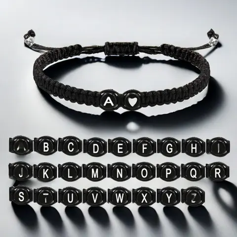 Black and white heart-shaped 26-letter braided hand rope bracelet, Letter link bracelet, Initial bracelet, simple and personalized style, letter combinations can be customized, suitable for lovers and girlfriends as a daily warm token, Braided Bracelets