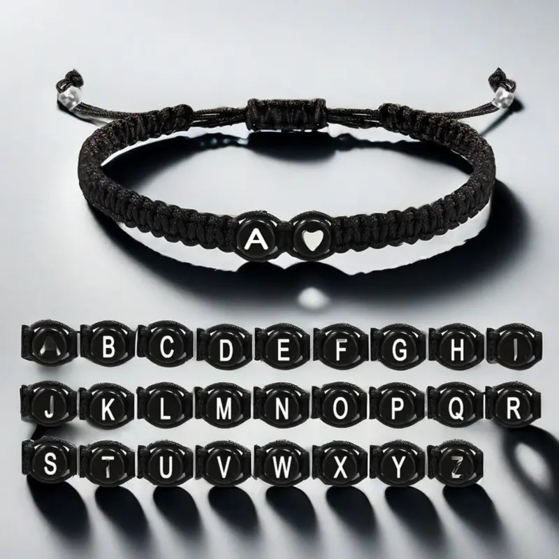 Black and white heart-shaped 26-letter braided hand rope bracelet, Letter link bracelet, Initial bracelet, simple and personalized style, letter combinations can be customized, suitable for lovers and girlfriends as a daily warm token, Braided Bracelets