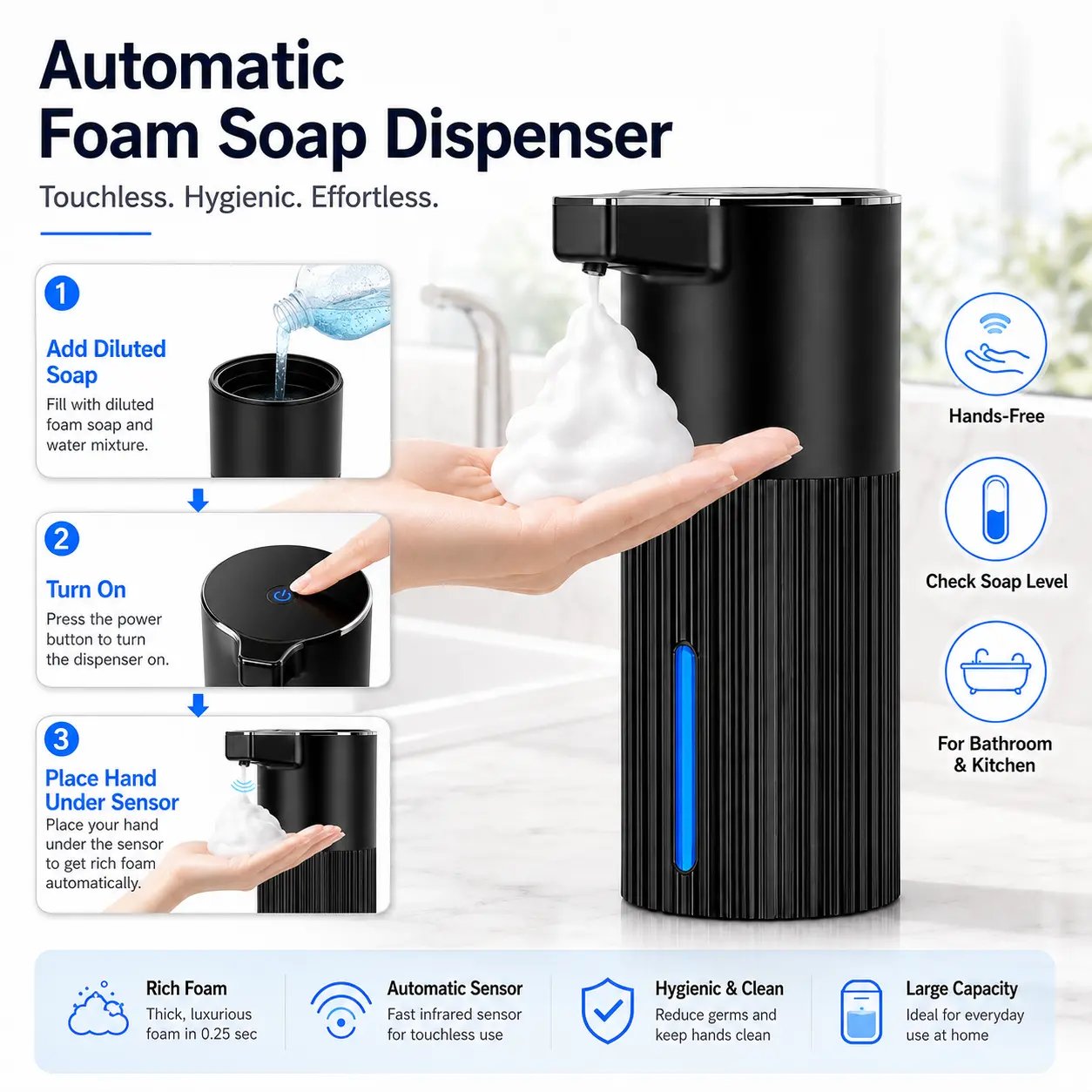 Automatic Foam Soap Dispenser, Hands-Free Sensor Soap Pump with Soap Level Window for Kitchen Sink, Bathroom Counter and Home Use