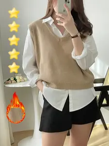 Women's Casual Loose-Fit Knitted Sweater Vest, Plain Pattern, Fall & Winter Fashion, Versatile Daily Wear, Comfortable Fit