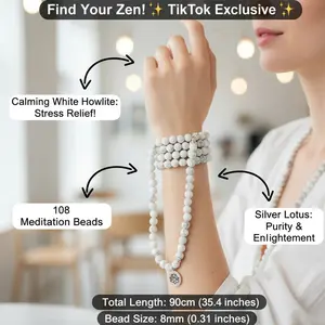 Calming White Howlite Mala Necklace: 108 Beads for Stress Relief & Serenity