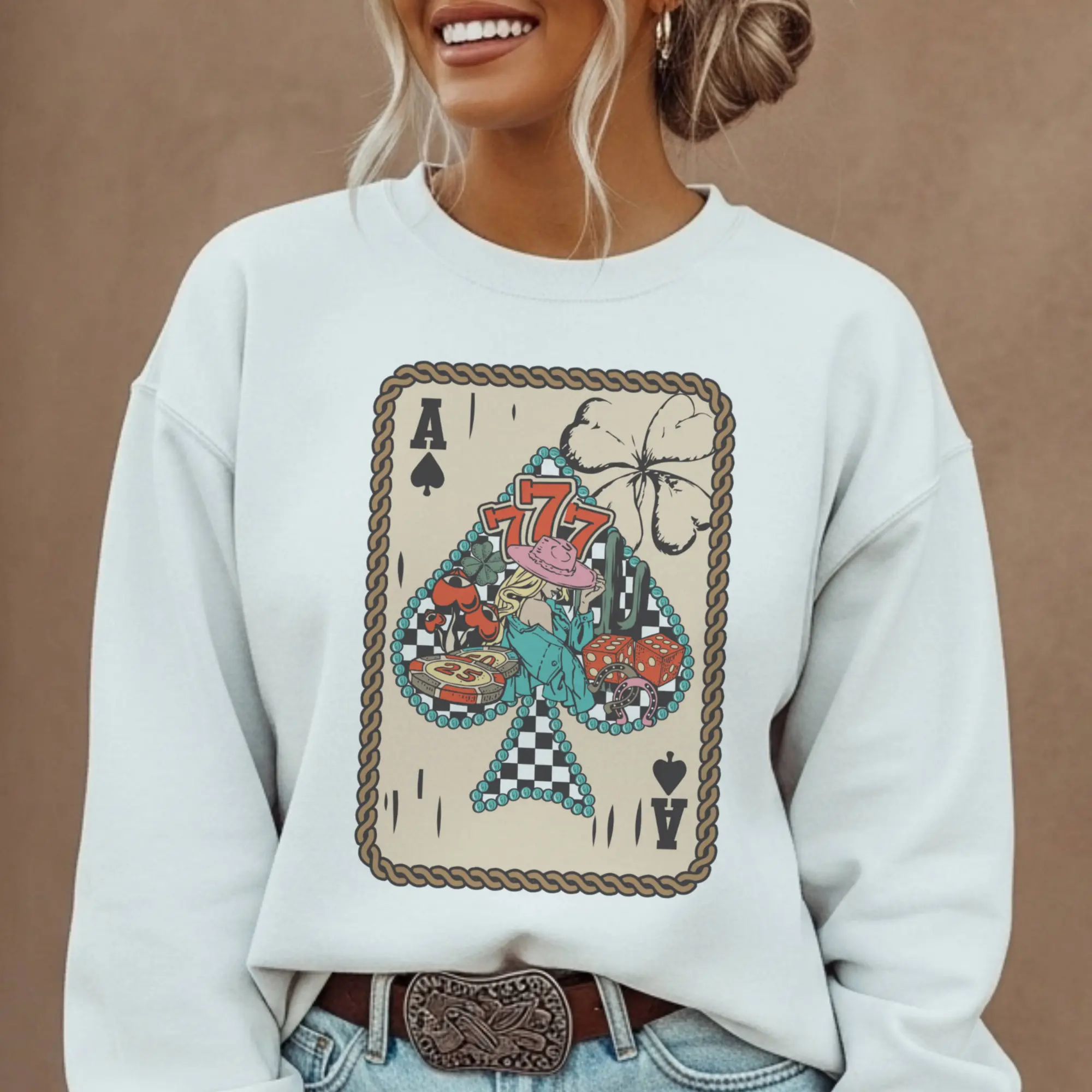 Vintage Western Tee Boho Cowgirl Checkered Spade Sweatshirt Ace Playing Card 777 Tshirt Checkerboard Ace of Spades Top Cowboy Top Womenswear Sublimation Casual Crewneck