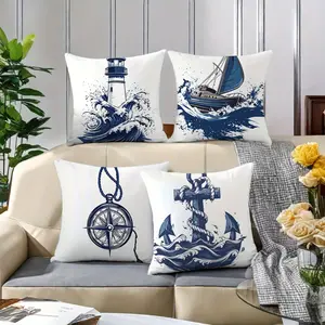 4pcs Nautical Ocean Theme Pillowcase Set with Anchor, Lighthouse, Sailboat & Compass Patterns - Navy Blue & White Maritime Decor, Soft Polyester Square Zipper Cushion Cases for Sofa, Bed, Living Room (14x14, 16x16, 18x20 Inch) - Machine Washable Contempor