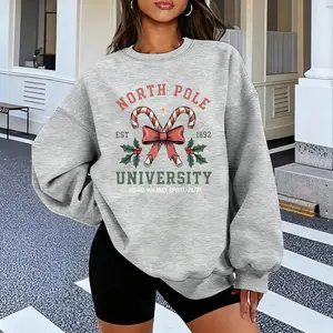 Women's Printed Crewneck Sweatshirt - "NORTH POLE" Christmas Tree with Bow and Leaves Print, Gray Cotton Knit Crewneck Sweatshirt,  Breathable with Slight Stretch Casual Hoodie