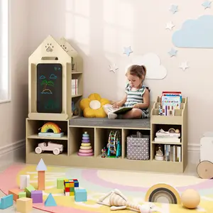 Scabine Foldable 4-in-1 Study Tower with Chalkboard for Learning, Montessori Kitchen Step Stool Toddlers Folding Stool for Ideal Helper Bookcase Shelf Storage Organize Wood Living Room