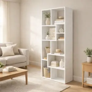 5-Tier Asymmetrical Display Shelf & Bookcase, Synthetic Wood Vertical Storage Unit for Living Room Home Office Bedroom Entryway,White