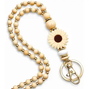 Wooden Teacher Lanyards for Id Badge Cute Flower Wood and Gold Beaded Neck Lanyards for Women Stylish ID Holder