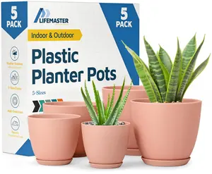 Planter Pots with Drainage Holes - Lightweight, Durable, and Space-Saving Pots for Indoor and Outdoor - Versatile Functionality, Simple Modern Design, Set of 5 Plastic Planter Pots
