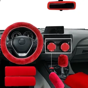 WenMei 9 Pieces Fluffy Car Accessories Set,Faux Fur Steering Wheel Cover Soft Fuzzy Steering Wheel Cover Plush Car Accessories Protector for Women Girls (Red)