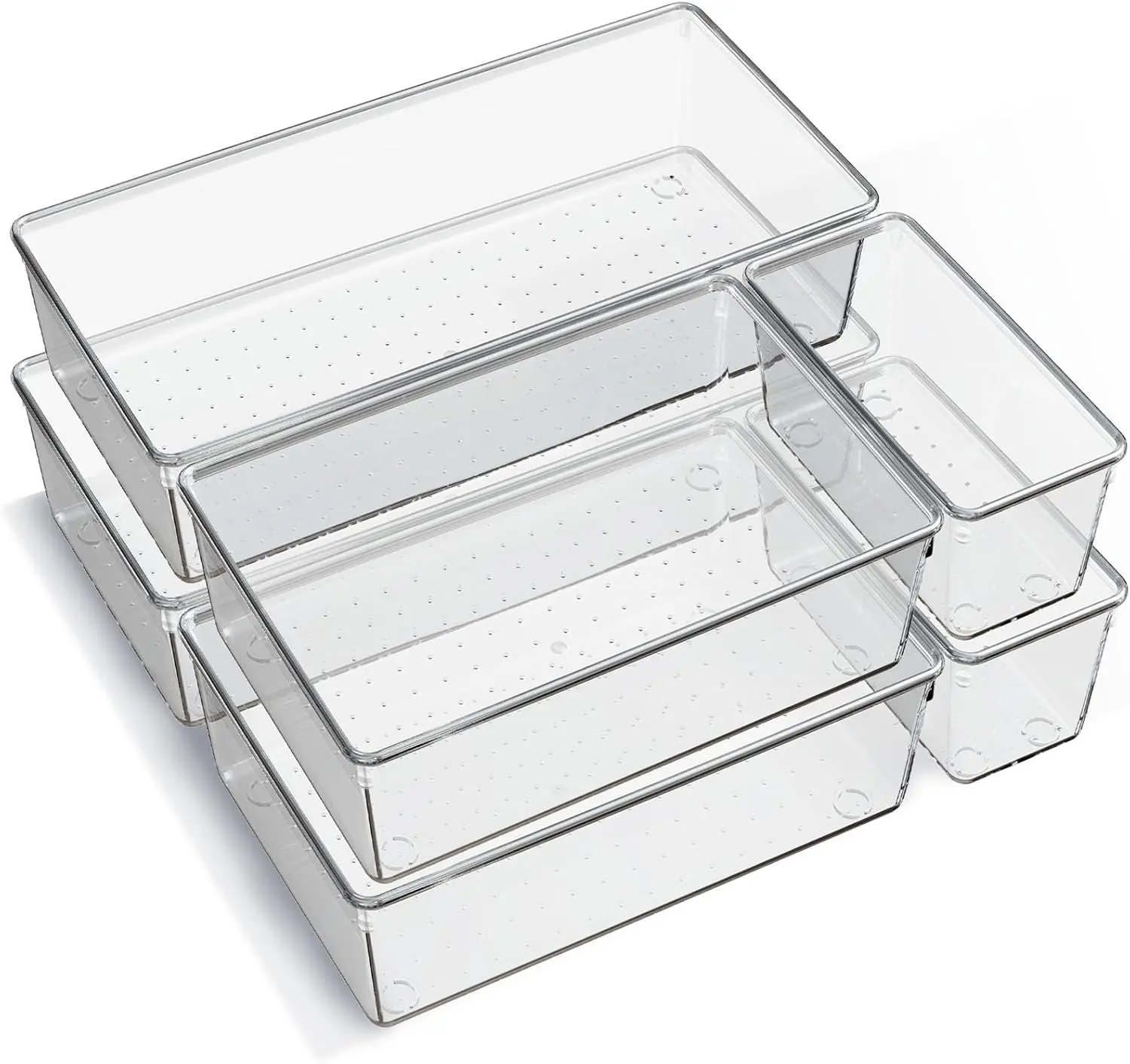 6 Pack Large Clear Plastic Drawer Organizer Trays, Acrylic Storage Bins with Non Slip Base, Kitchen Drawer Organization Dividers for Makeup, Utensils, Bathroom, Jewelry and Office Desk Storage and Home Organization