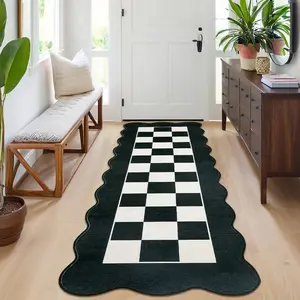 Garvee Washable Scalloped Runner Rug 2x6 with Modern Checkerboard Design, Non-Slip, Soft Non-Shedding Carpet, Indoor Foldable Low Pile Thin Printed Mat for Kitchen and Hallway, Black and White
