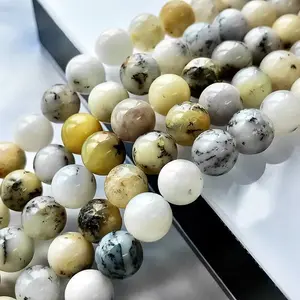 Natural Yellow Dendritic Opal Stone Gemstone Smooth Round Loose Beads For DIY Jewelry Making Desig Handmade Crafts Bracelet, Necklace, Earrings AAA Quality 15.5 Inches Long, Semi Precious Stone, Spacer beads