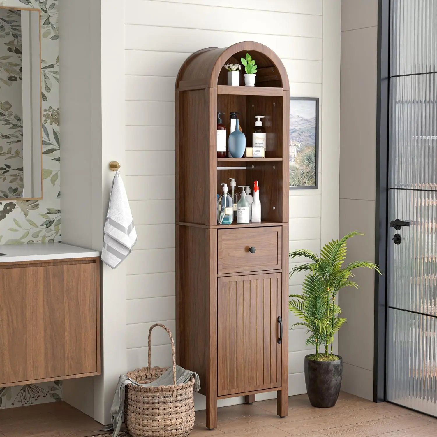 64" Tall Narrow Arched Freestanding Bathroom Storage Cabinet - Sturdy Mid-Century Modern Sideboard with Adjustable Shelves, Fluted Doors, Drawers, Clever Storage for Living Room Wood Entryway | summerwins, Sideboard Storage Cabinet