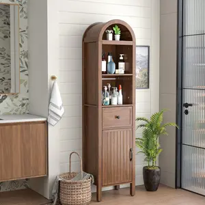 64" Tall Bathroom Storage Cabinet with Adjustable Shelves,Tall Narrow Arched Freestanding Tower Cabinet with Fluted Doors and Drawers,Space Saving Organizer for Bathroom Living Room Wood Entryway Console Modern Sideboard summerwins