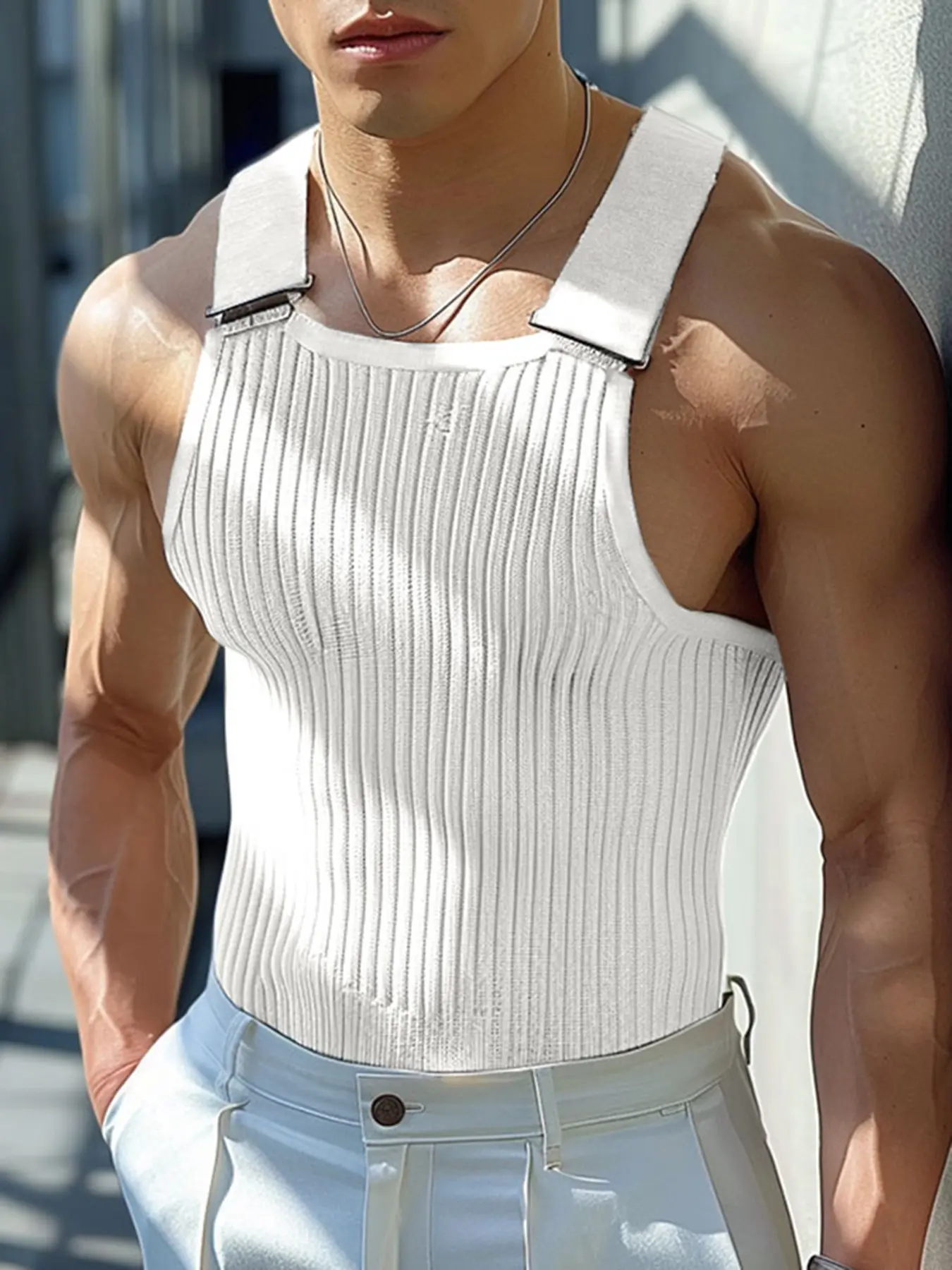 Men's Fashion Simple Knitted Striped Belted Tank Top, Solid Color Summer Streetwear, Casual Sleeveless Vest for Men