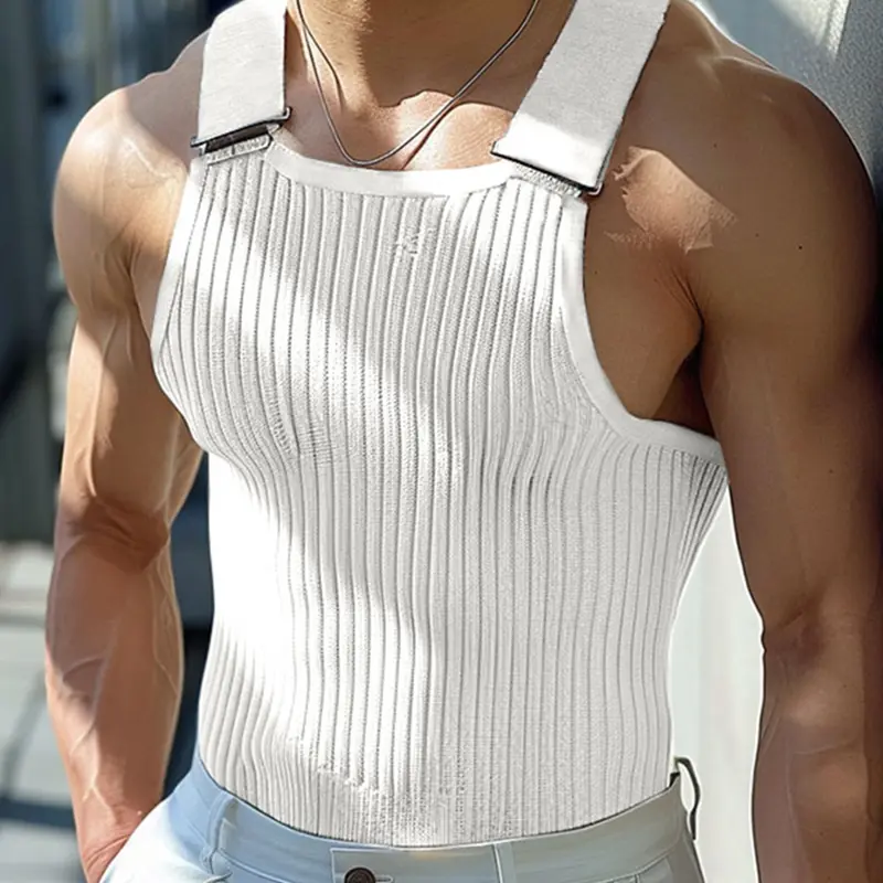 Men's Fashion Simple Knitted Striped Belted Tank Top Solid Color Summer Streetwear, Casual Sleeveless Vest for Men Fitted Tanks