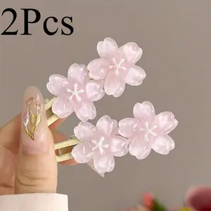 Cute Flower-Shape Cherry Blossom Duckbill Hair Clips (2pcs) - Spring & Summer Portable Multifunctional Side Forehead Hair Accessories for Easter & Everyday Use