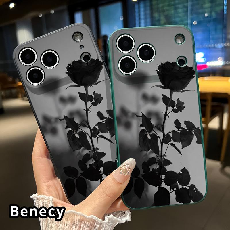Straight Edge Phone Case for iPhone 17 15 16 14 Pro Max 13 12 11 XR XS Plus Air E Black Rose Pattern Anti-Scratch Shockproof Soft Liquid Silicone Protective Cover Smartphone Casing