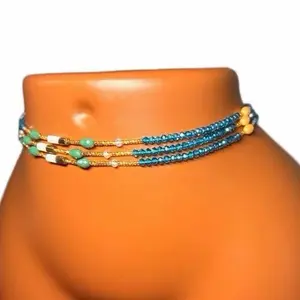 Deep Grace Crystal Waist Beads with Gold Accents and Teal Blue Accents for Stylish Wear. 1 Strand (60 Inches)