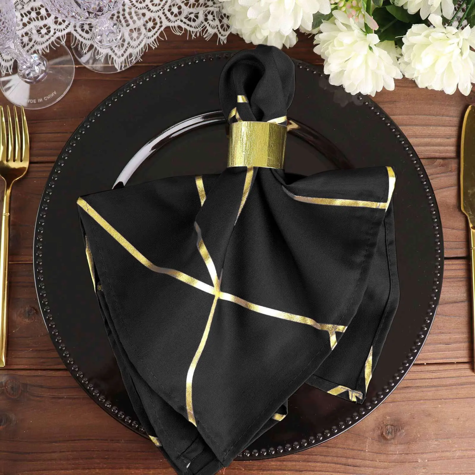5-Pack Black and Gold Tableware Napkins - 20"x20" Polyester Decorative Party Napkins with Gold Geometric Foil Pattern, Modern Reusable, Decorative Napkins, Black And Gold Napkins