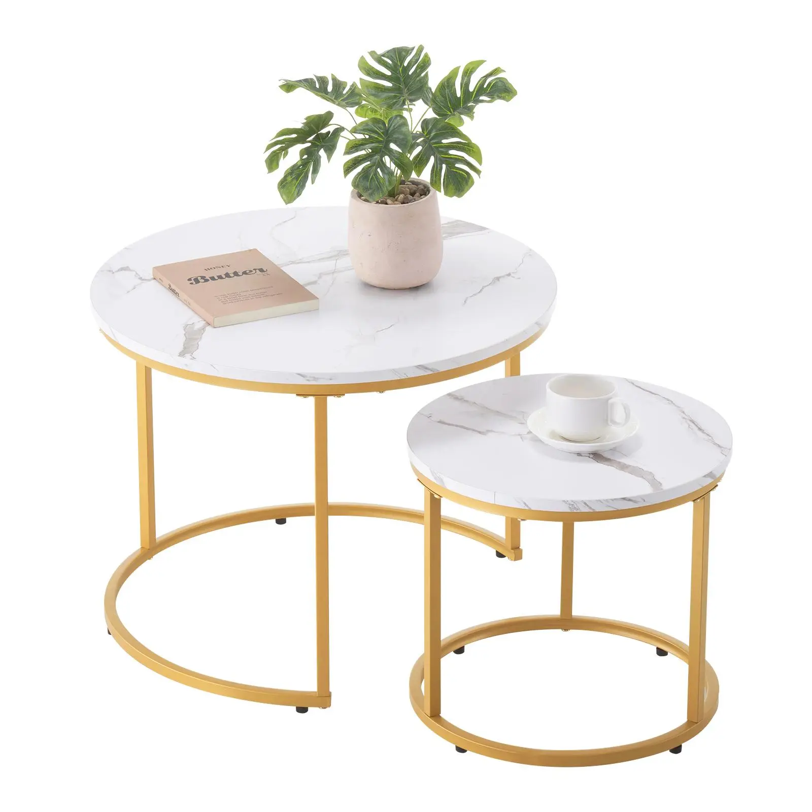 VEVOR Nesting Coffee Table Set of 2, 23.6 in Round Coffee Table, Nesting Tables for Small Place, Vintage End Side Tables Night Stand with Metal Frame, for Living Room, Bedroom, Office (White & Gold)#SohoChic