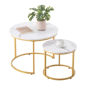 【Summervibes】VEVOR Nesting Coffee Table Set of 2, 23.6 in Round Coffee Table, Nesting Tables for Small Place, Vintage End Side Tables Night Stand with Metal Frame, for Living Room, Bedroom, Office (White & Gold)