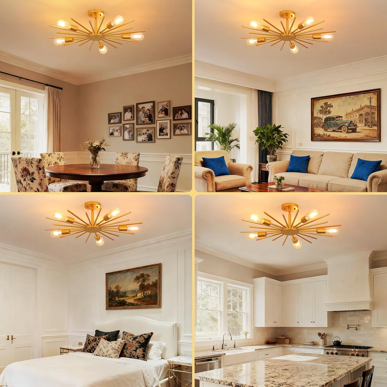 Gold Semi Flush Mount Ceiling Light, 27.5" 5-Light Large Sputnik Modern Mid Century Ceiling Light for Kitchen Entryway Bedroom Living Room