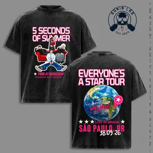 5 Seconds of Summer Everyone’s A Star Tour Graphic T-Shirt, 5SOS Concert Tee, Double-Sided World Tour Inspired Shirt, Oversized Acid Wash Cotton Streetwear, Vintage Pop Rock Fan Apparel, Casual Short Sleeve Music Lover Gift, Unisex Top