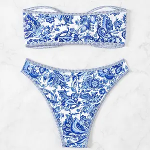 2026 New Blue White Porcelain Bandeau Bikini Set for Women, Strapless Chinese Ceramic Print Two Piece Swimsuit, Slim Fit Swimwear for Beach Vacation & Pool Party