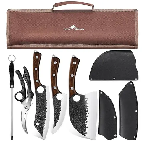 Purple Dragon 3-Piece Rustproof High Carbon Steel Hand Forged Kitchen Knife Block Set - Stonewashed & Hammer Finish, Ergonomic Handle, Finger Hole Design, Sharp Blade Edge, Portable Bag, Tough Veg & Meat Cutters for Kitchen Tasks, Camping